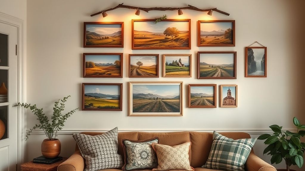 Parede decorada com várias fotos de sítio em estilos variados.