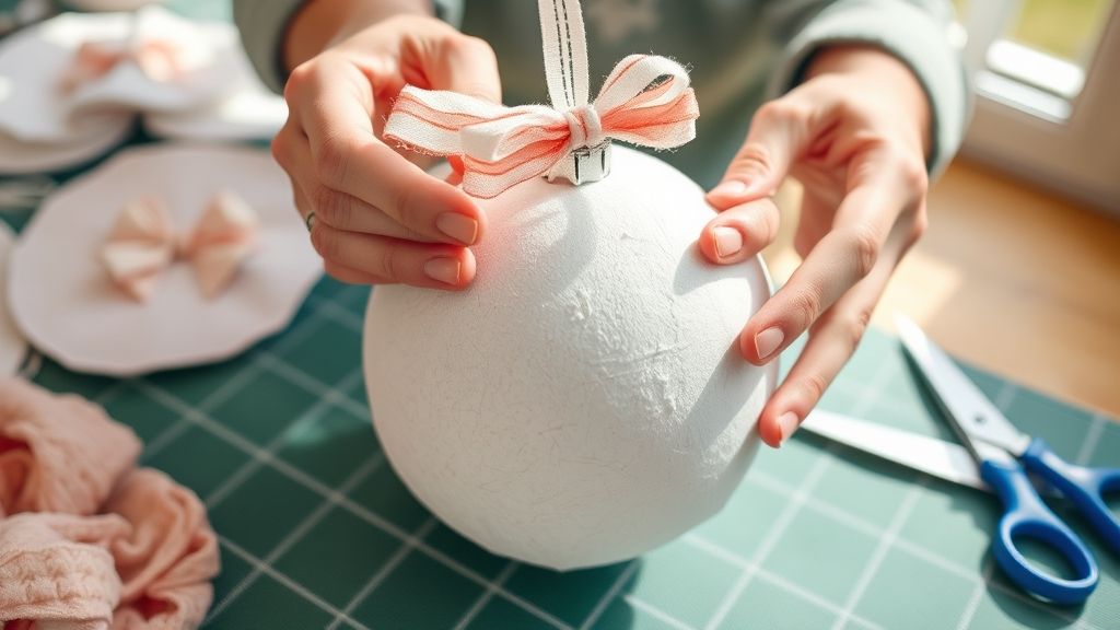 Mãos colando tecido em uma bola de isopor para criar enfeite natalino artesanal.