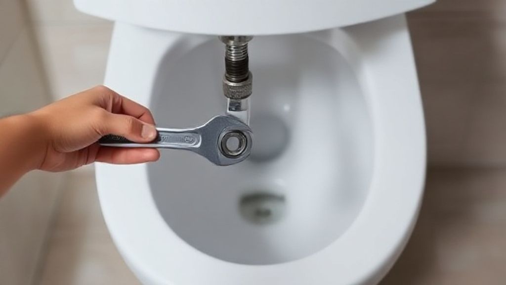 Mãos de instalador fixando a bacia ao piso com parafusos.