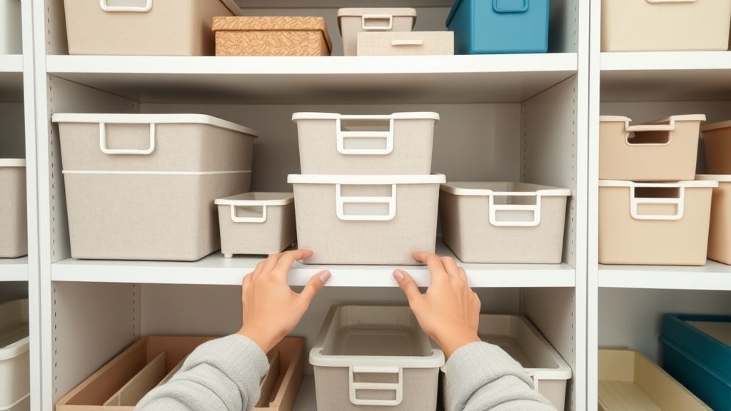 Pessoa organizando prateleiras com caixas e divisores em um armário embutido.