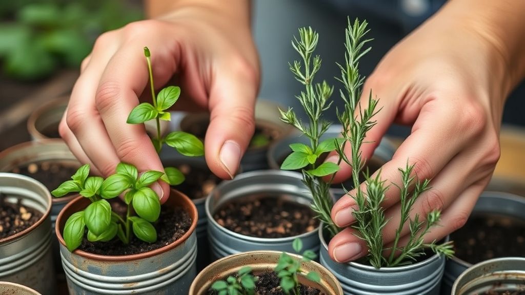 Mãos plantando ervas em pequenos vasos reciclados.