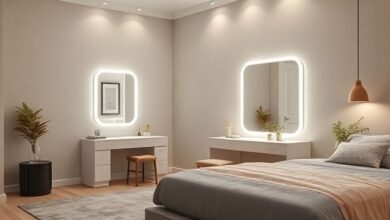 Penteadeira iluminada em um quarto moderno com decoração elegante.