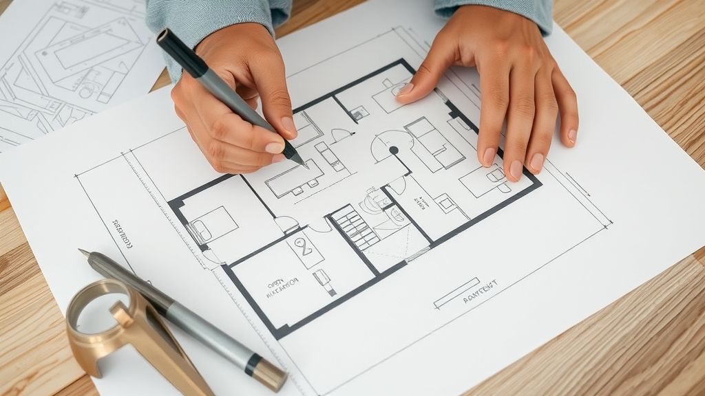 Mãos medindo e desenhando planta baixa de sala e cozinha integradas.