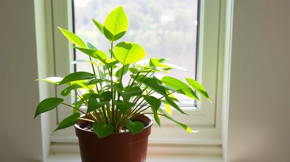 Planta verde e firme após recuperação, em ambiente iluminado.