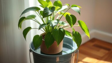 Vaso com planta murcha sendo regado por imersão em balde.