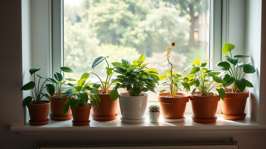 Fotografia de plantas em vasos recebendo luz difusa, representando o efeito das auxinas no crescimento.