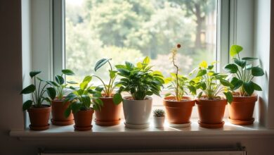 Fotografia de plantas em vasos recebendo luz difusa, representando o efeito das auxinas no crescimento.