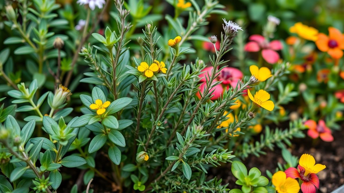 Citronela, arruda e alecrim plantados em um canteiro.