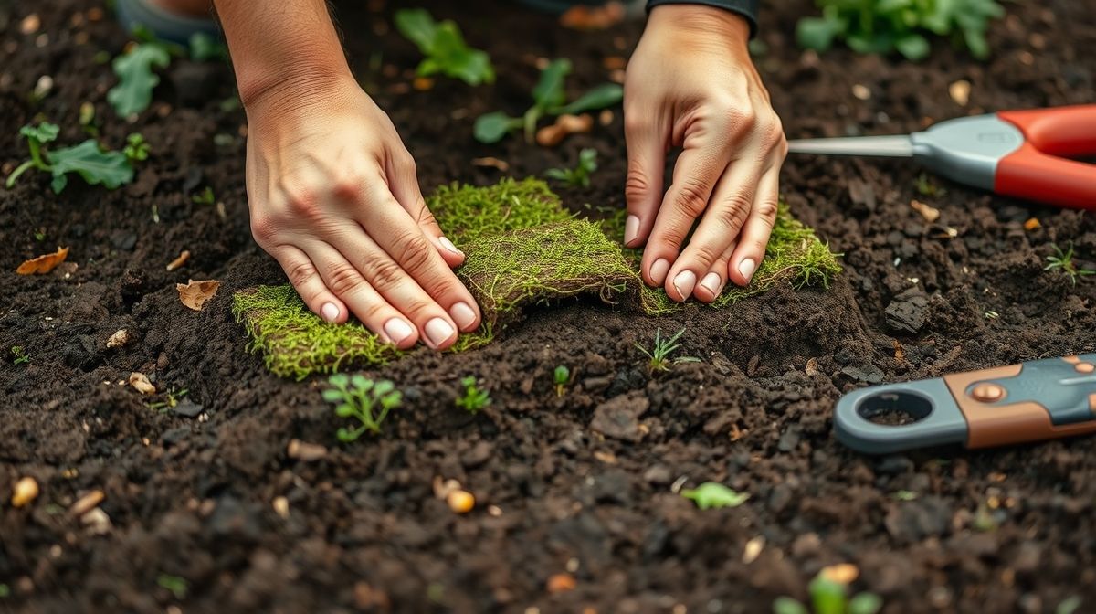 Jardinagem com mãos colocando tapete de grama no solo.