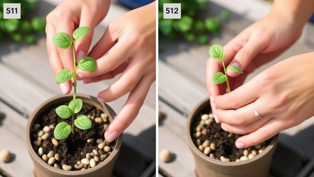 Pessoa colocando muda de planta em vaso com pedriscos no fundo.