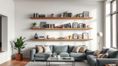 Sala moderna com prateleiras decoradas com livros, plantas e quadros.