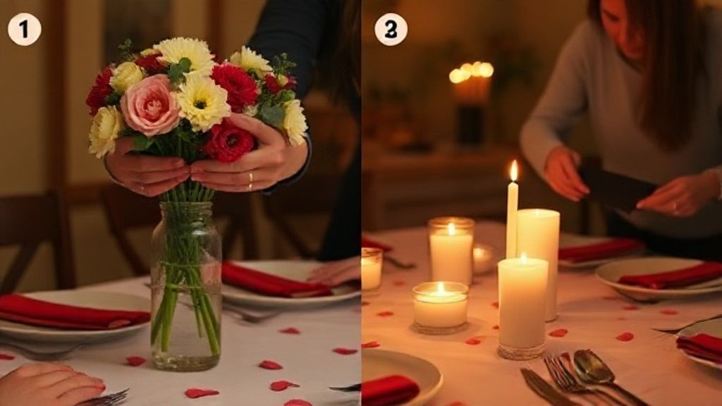 Pessoa organizando arranjos de flores e posicionando velas no jantar a dois.