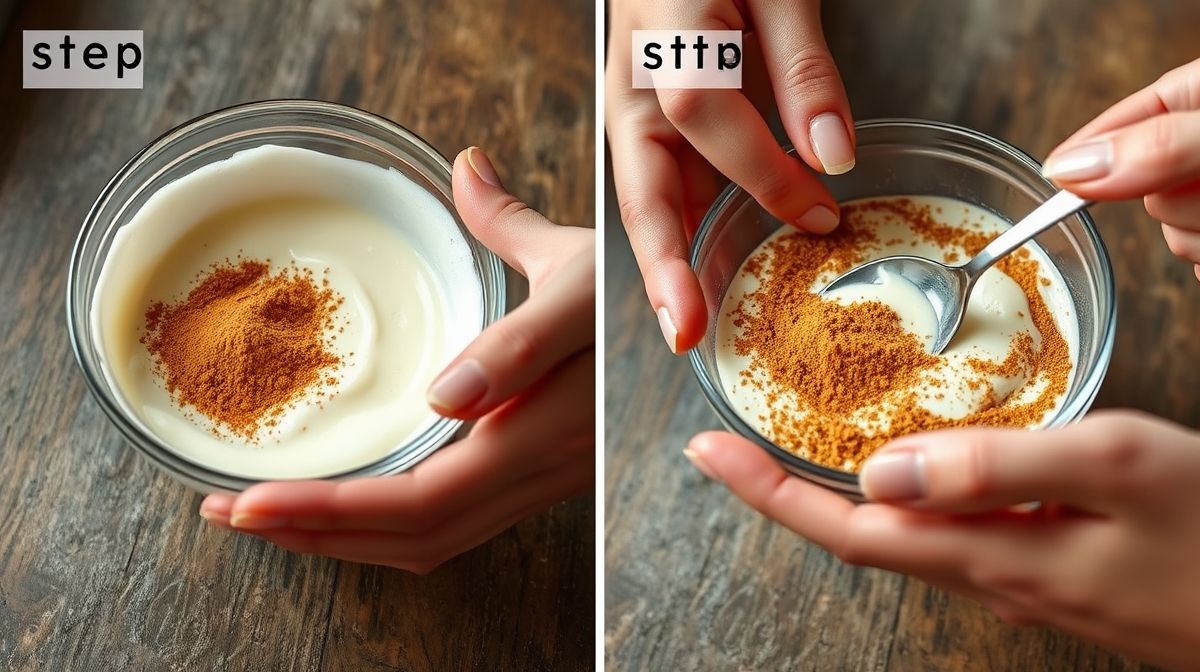 Mãos misturando canela e vaselina em recipiente limpo