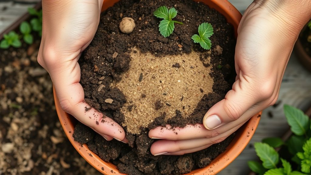 Mãos misturando terra, areia e composto em um vaso para plantas.