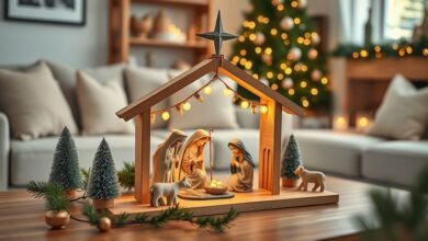 Presépio de MDF pintado em estilo natalino com iluminação aconchegante