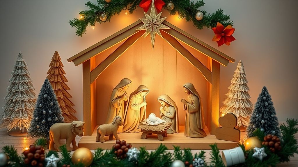 Presépio de MDF pintado e iluminado, montado em mesa decorada de Natal