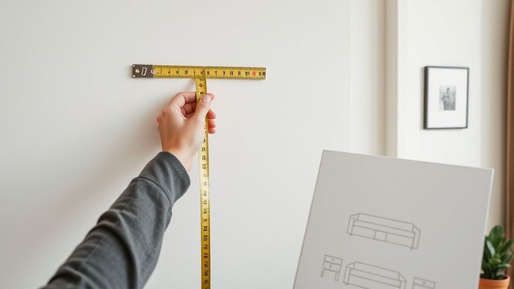 Pessoa medindo parede e marcando espaço para móveis em apartamento compacto
