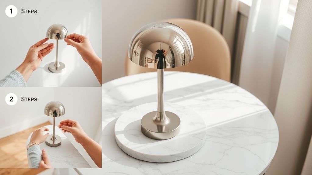 Mãos posicionando luminária metálica sobre mesa de mármore em um ambiente em transformação.