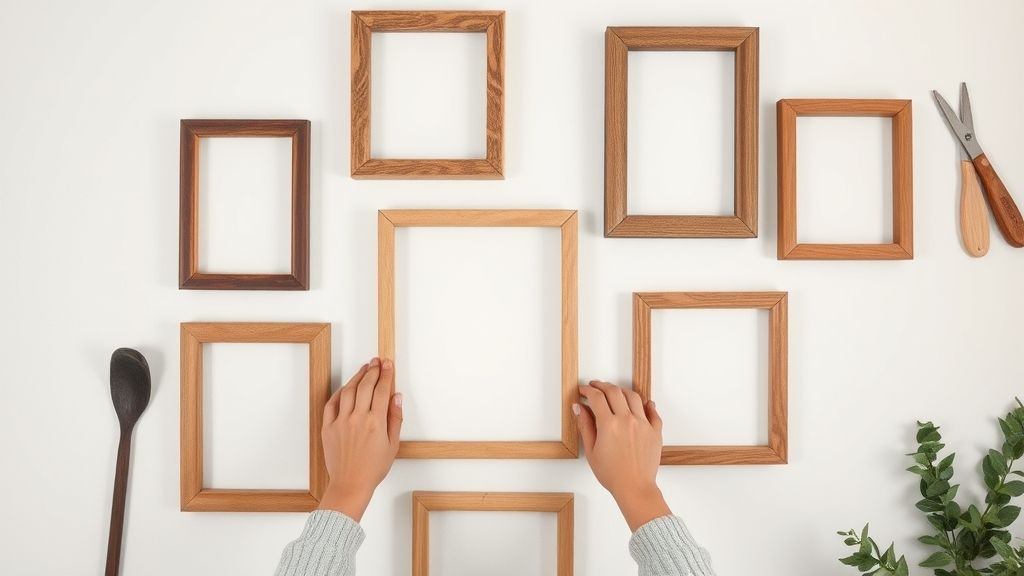 Mãos posicionando quadros com fotos de sítios em parede clara.