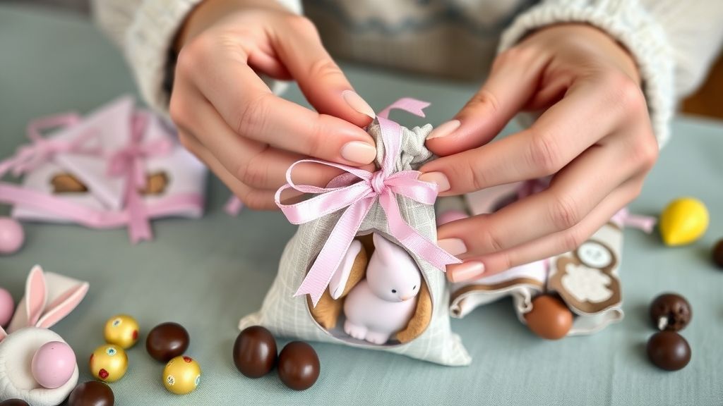 Mãos montando lembrancinhas de Páscoa com tecido e fitas.