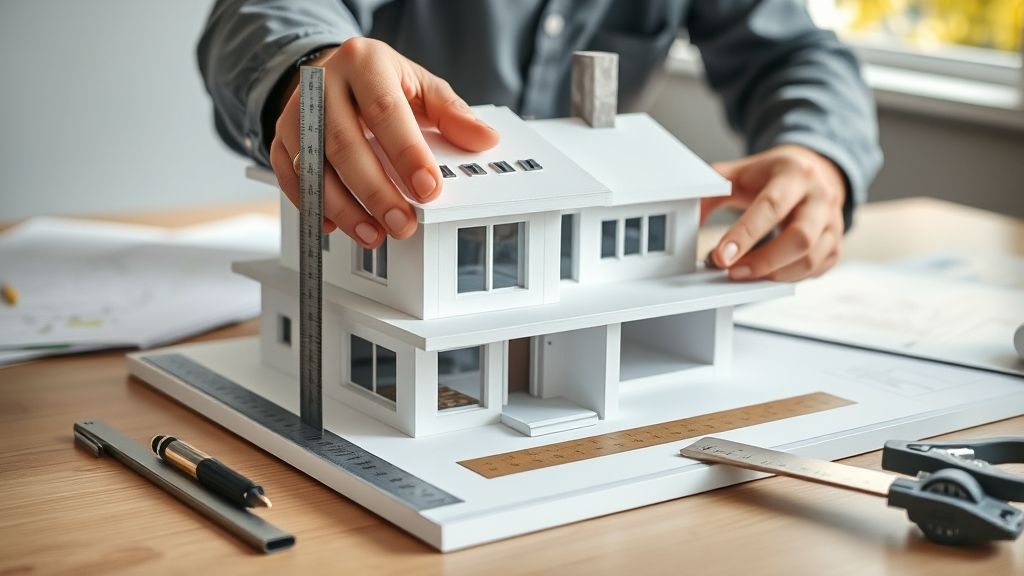 Arquiteto ajustando maquete de fachada moderna com réguas e escalímetro.