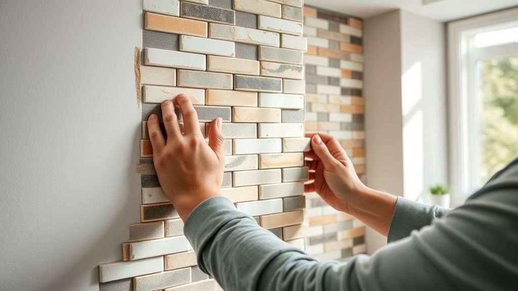 Pessoa instalando revestimento em parede durante reforma de casa pequena.