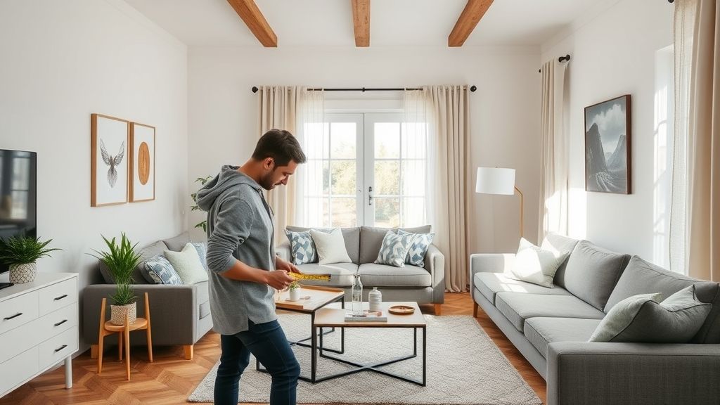 Pessoa organizando móveis e medindo o espaço da sala para posicionar sofá e mesa de centro.