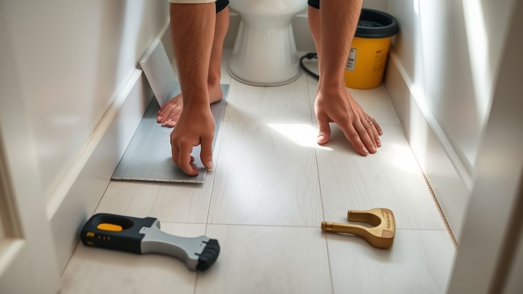 Mãos instalando revestimento vinílico no lavabo durante a reforma.