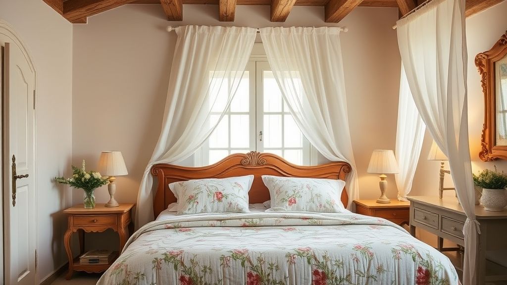 Quarto aconchegante com cabeceira esculpida, cortinas de voil e roupa de cama floral suave.