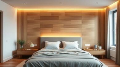 Quarto moderno com painel de madeira atrás da cama, iluminação suave e decoração minimalista.