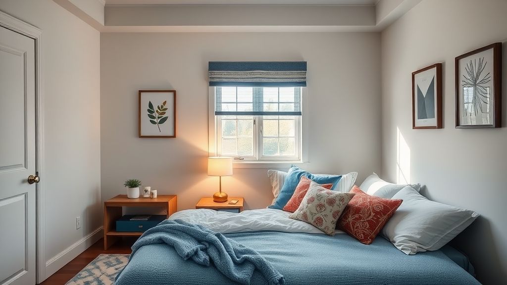 Quarto aconchegante em tons claros com detalhes coloridos em almofadas e luminária.