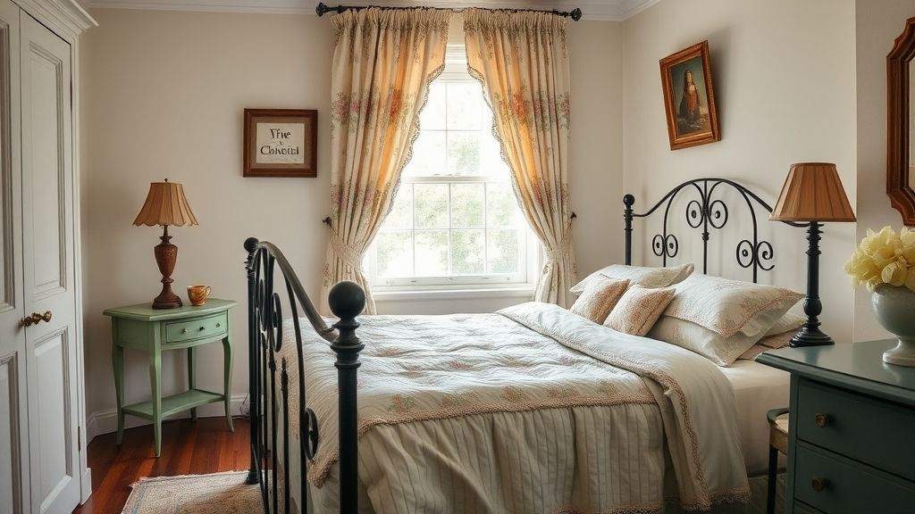 Quarto antigo renovado com cabeceira de ferro, roupas de cama florais e abajur vintage.