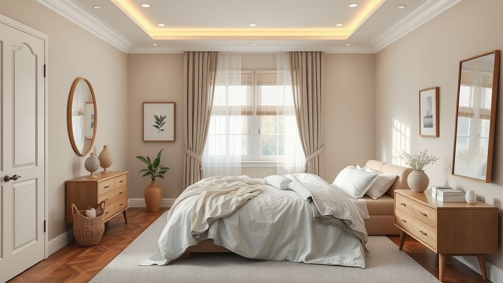 Quarto decorado com cama, roupas de cama beges, almofadas em tons suaves e iluminação de parede.