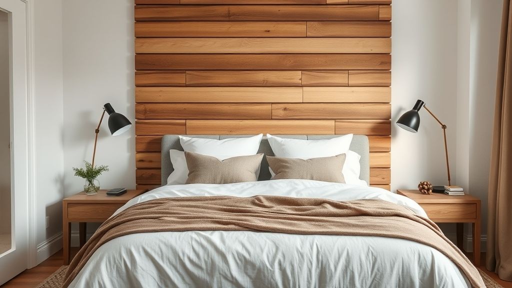 Quarto aconchegante finalizado com painel de madeira ripado atrás da cama.