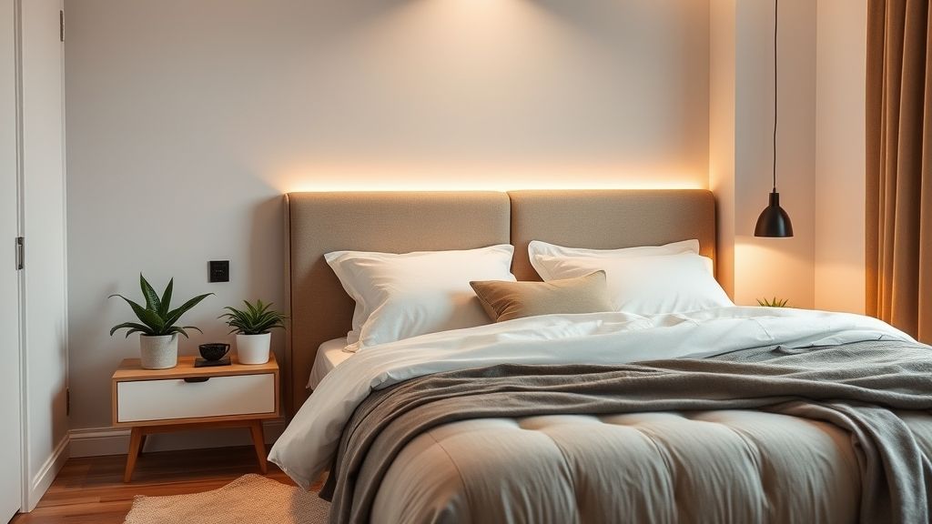 Quarto estilizado da casa moderna 2026 com cabeceira estofada, iluminação suave e plantas.