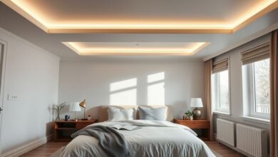 Quarto moderno iluminado com fitas LED nas sancas e cabeceira.