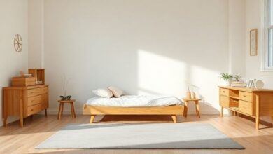 Quarto infantil montessoriano com cama baixa e cores suaves.