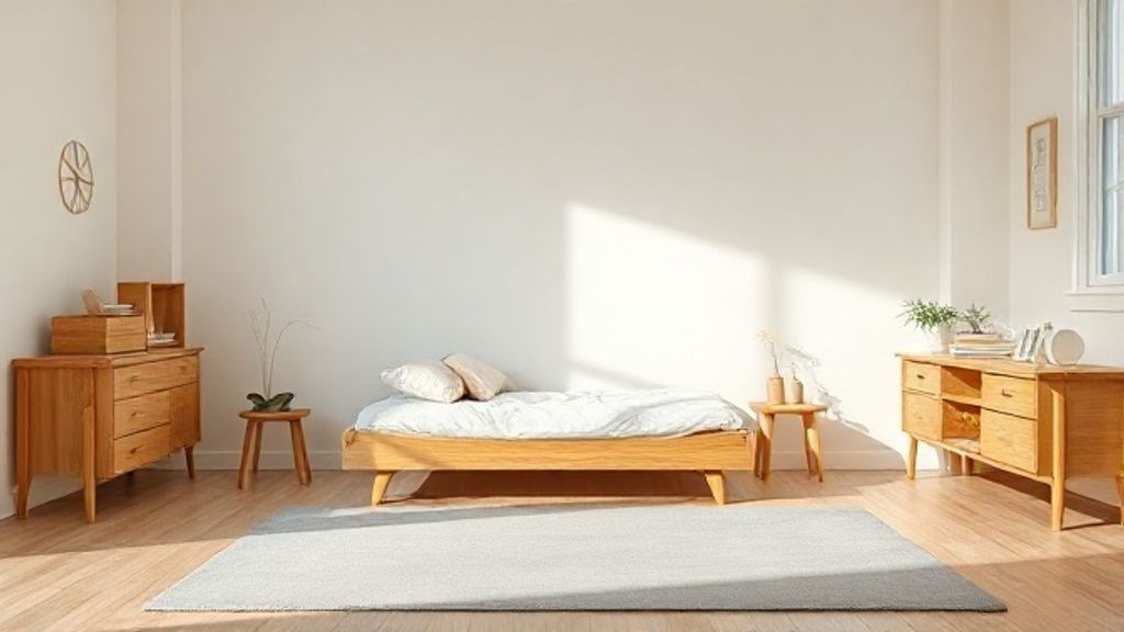 Quarto infantil montessoriano com cama baixa e cores suaves.