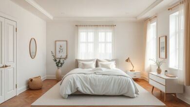 Quarto moderno com paredes claras, roupas de cama neutras e iluminação quente.