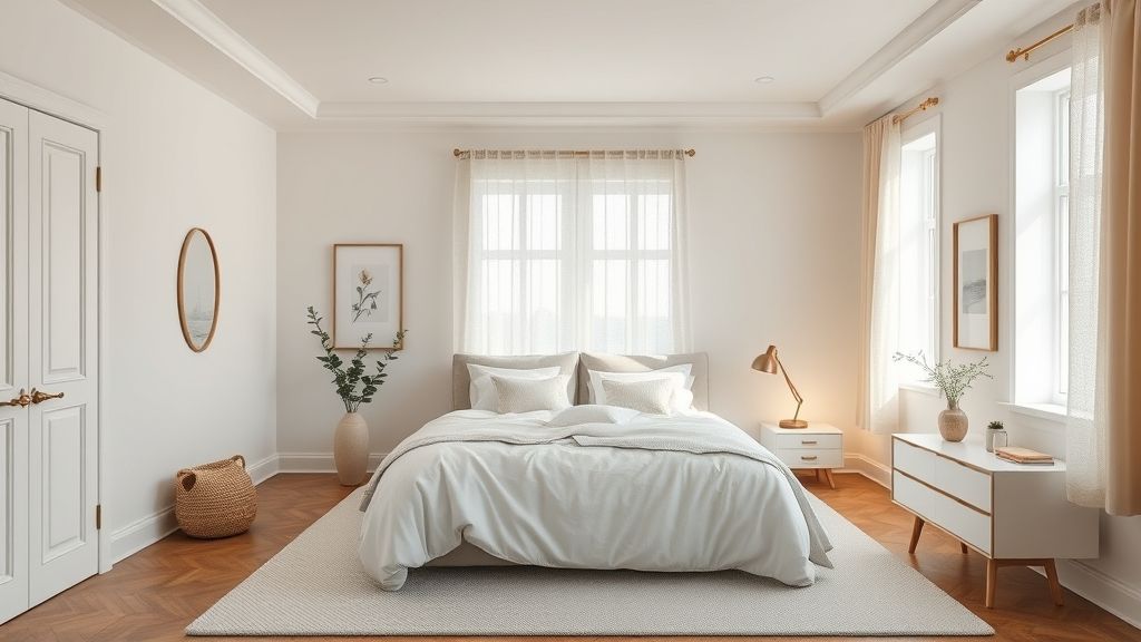 Quarto moderno com paredes claras, roupas de cama neutras e iluminação quente.