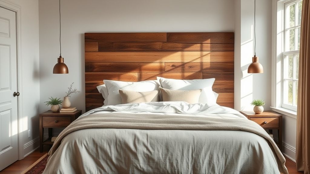 Quarto aconchegante com cama de madeira de demolição e roupas de cama neutras.