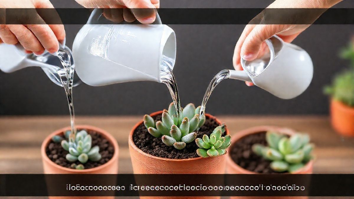 Mãos regando suculentas em vaso com regador pequeno, mostrando a prática correta.