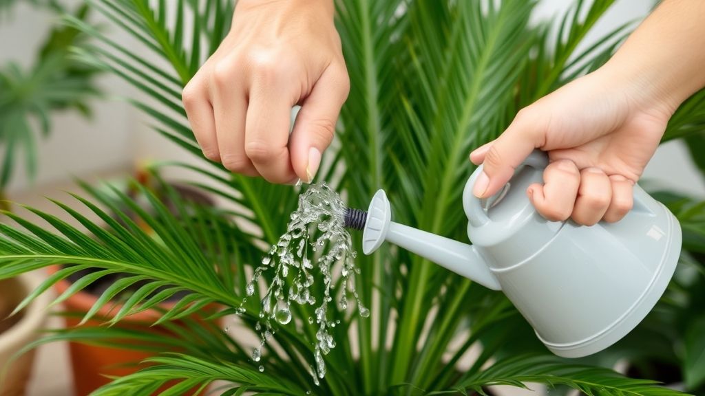 Mãos regando a areca bambu em vaso com regador pequeno.