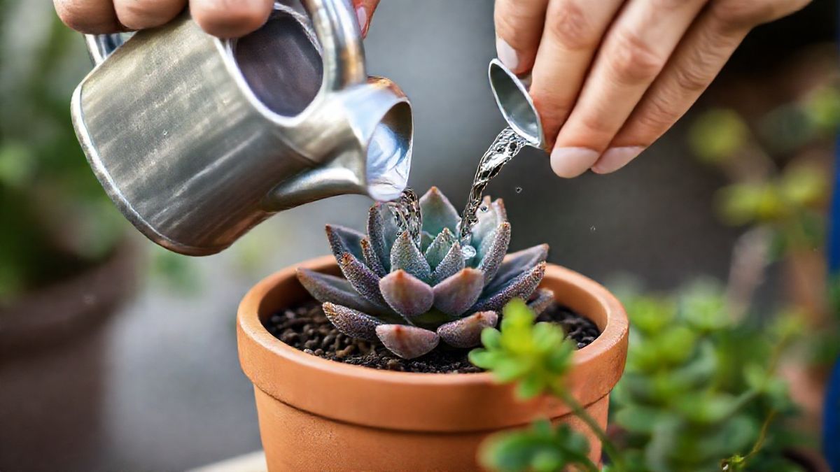 Mãos regando uma suculenta em vaso de barro.
