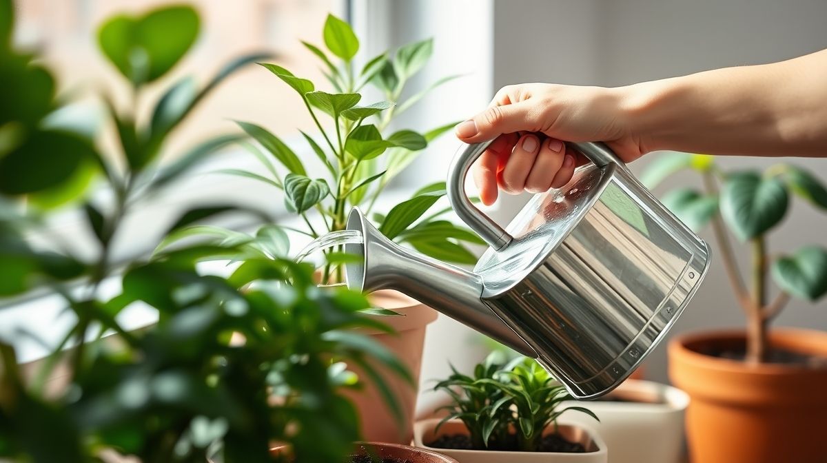 Mãos regando plantas em vasos com regador simples