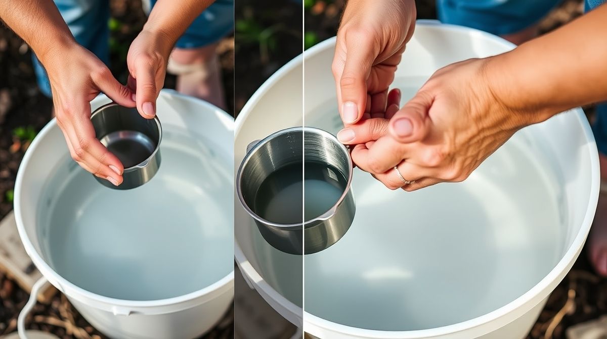 Mãos submergindo pequeno vaso em balde de água transparente.
