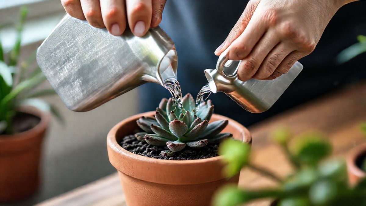 Mãos regando suculenta em vaso de cerâmica com regador pequeno.