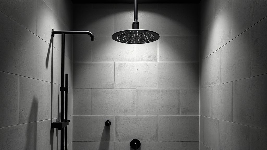 Banheiro industrial com chuveiro preto fosco e iluminação destacando o box.