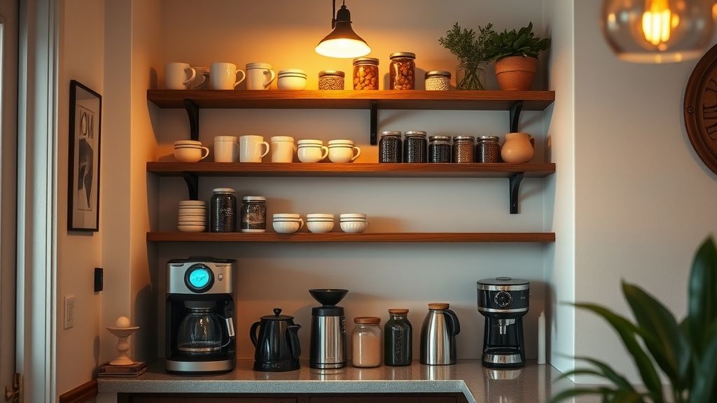Cantinho do café finalizado com iluminação aconchegante.