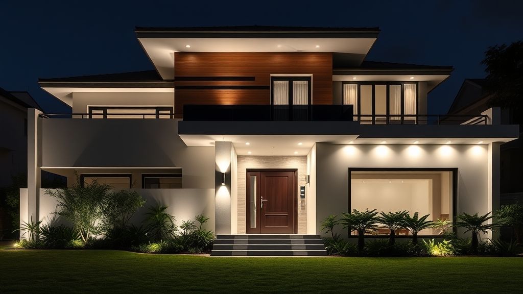 Fachada finalizada com platibanda iluminada e beiral garantindo sombreamento.